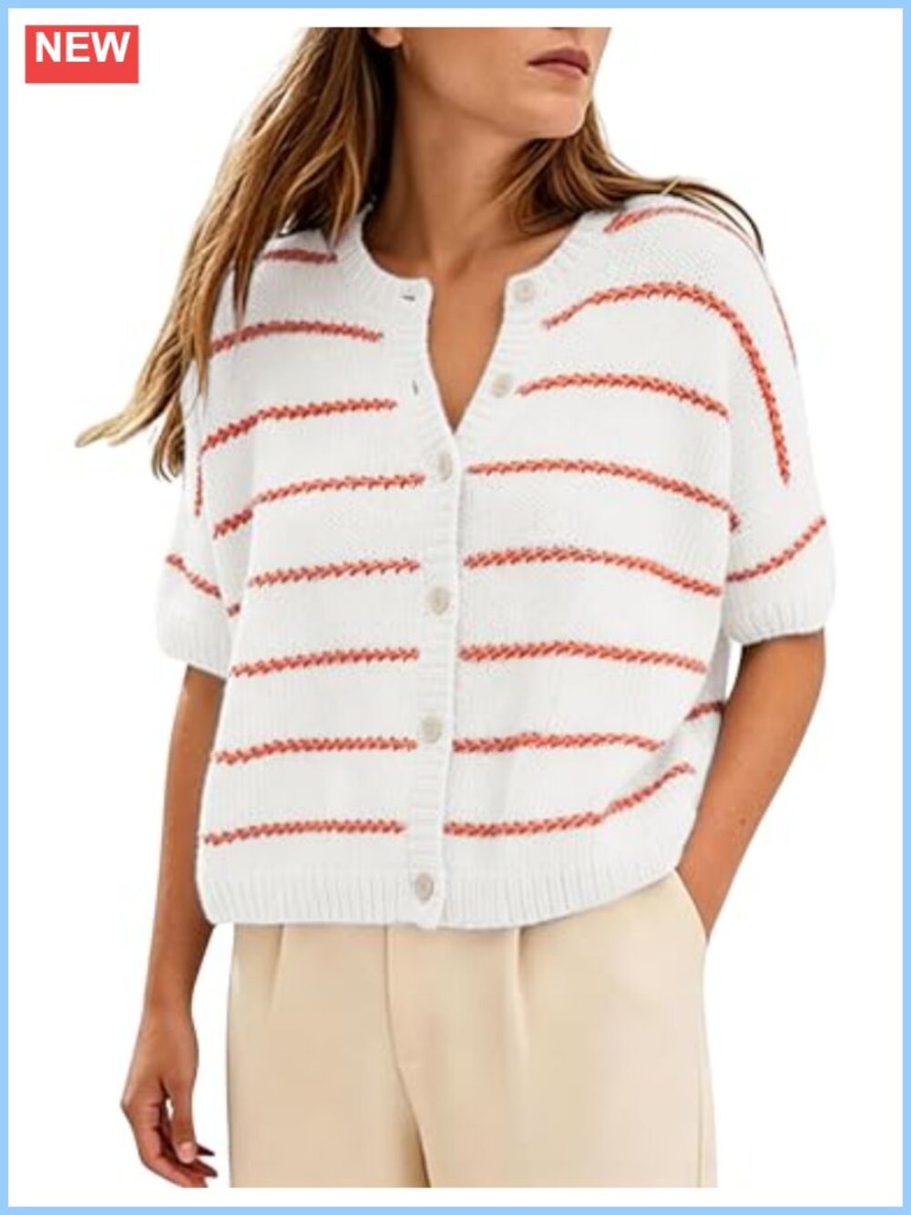 Womens Striped Short Sleeve Button Down Cardigan Lightweight Knit Cropped
